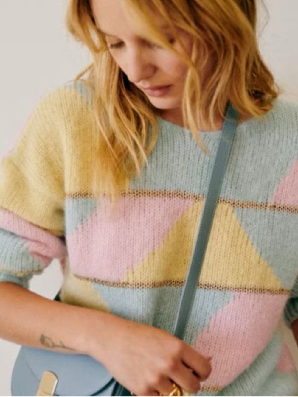 Sezane Pastel Geometric Crewneck Sweater - Blue, Pink, Yellow